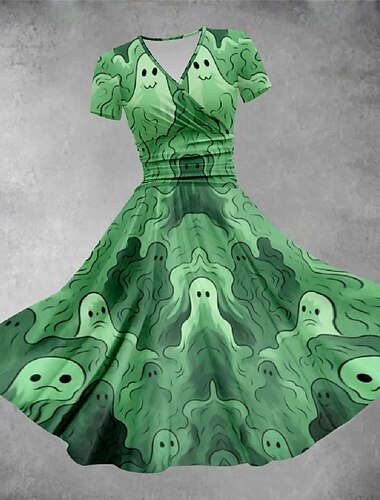  Damen-Midikleid mit Grafikdruck und V-Ausschnitt, lässig, für den Urlaub, täglich, kurze Ärmel, Sommer