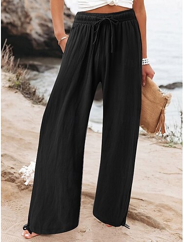  Damen Weites Bein Chinos Mode Streetwear Volle Länge Hohe Taille Einfach Tasche Elastischer Bund Bequem Weich Mikroelastisch Outdoor Straße Schwarz Grün Aprikose Sommer Frühling Normale Passform