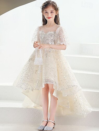 Virágoslány ruha gyerekek Lány Hercegnő ruha Teljesítmény Esküvő Parti Elegáns gyönyörű Flitter Háló Tömör szín Rövid ujjú Terített nyak Pezsgő 4 év +   Virágoslány ruha gyerekek Lány Hercegnő ruha Teljesítmény Esküvő Parti Elegáns gyönyörű Flitter Háló Tömör szín Rövid ujjú Terített nyak Pezsgő 4 év +