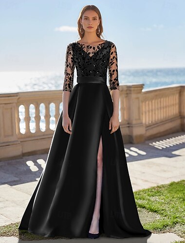  A-Linie Abendkleid elegantes Kleid formelle Hochzeit bodenlang Halbarm Illusion Hals Satin mit Schlitz Stickerei Applikationen 2025