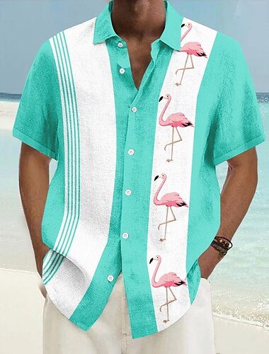  Herren Flamingo Lässiges Hemd Knopfhemd Aloha-Shirt Kurzarm Hawaiianisch Resort Urlaub Casual Sommer Frühling Umlegekragen Knopf hoch Rosa Blau Grün
