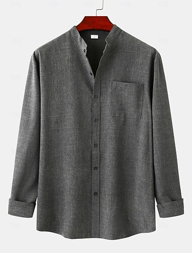  Herren Hemd leinenhemd Hemd mit Stehkragen Knopfhemd Glatt Urlaub Festtage Purpur Khaki Grau Langarm Stehkragen Sommer Frühling & Herbst Bekleidung