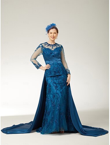 Meerjungfrau/Trompete Kleid für die Brautmutter, eleganter Rundhalsausschnitt, Schleppe, Stretch-Satin, lange Ärmel, mit Spitzen-Pailletten-Rüschen, 2025