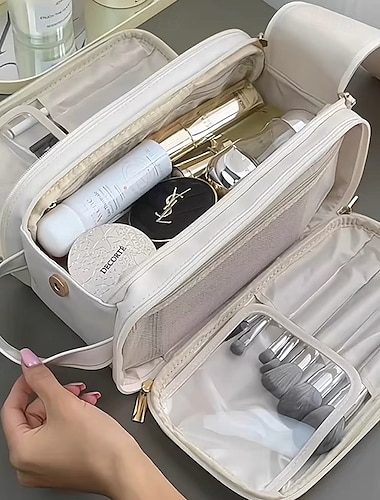  trousse de maquillage de voyage de grande capacité, organisateur de maquillage multifonctionnel avec porte-pinceau, trousse de rangement de toilette portable pour femmes
