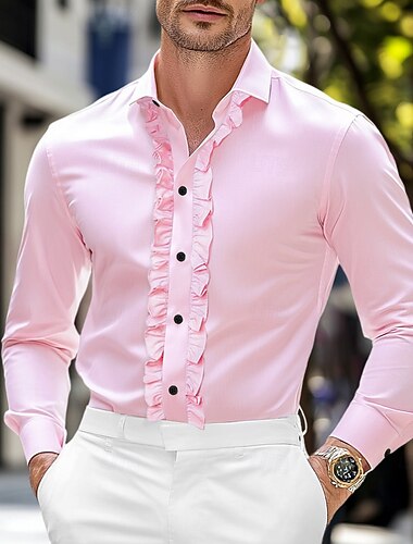  Men's Shirt Dress Shirt Plain Wedding Street Black White Pink Long Sleeve Turndown Summer Spring Clothing Apparel Lettuce Trim