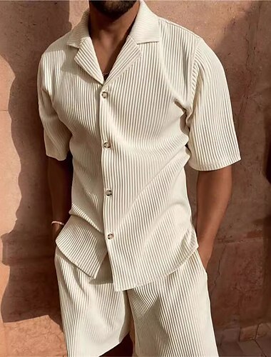  Hombre 2 Piezas Conjunto de camisa conjunto de verano Conjuntos a juego Camisa casual Camisa de Pana Negro Rosa Azul Marino Beige Gris Manga Corta Plano Cuello Vacaciones Diario Ropa Moda Casual