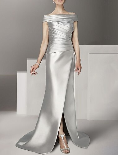  A-Linie Mutter der Braut Kleid Formelle Hochzeitsgast Eleganter Scoop-Hals Off-Schulter Bodenlänge Knöchellänge Italien Satin Kapuze mit Raffung 2025