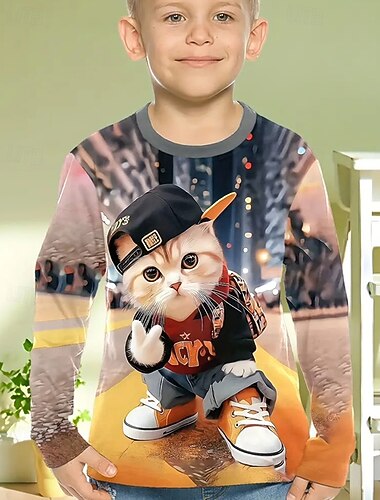 Garçon 3D Graphic Chat T-shirt Tee-shirts manche longue Printemps Automne Mode basique Enfants 4-12 ans Col Ras du Cou Extérieur Casual du quotidien Standard