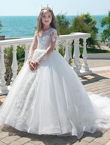  Bambino Da ragazza Abito per la prima comunione Vestito da festa Tinta unica Senza maniche Manica lunga Prestazioni Matrimonio Feste Retato Da principessa Dolce Retato Fino a metà polpaccio Vestito