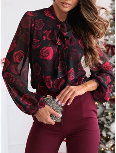  Women's Shirt Blouse Floral Casual Long Sleeve Turtleneck Regular Tops Daily Buttons Print Black Red Gray Spring &  Fall