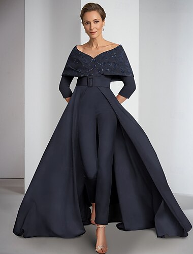  Jumpsuit  Hosenanzug Mutter der Braut Eleganter Vintage Off-Shoulder Bodentiefer Stretchstoff 3/4-lange Ärmel mit Paillettenapplikationen 2025