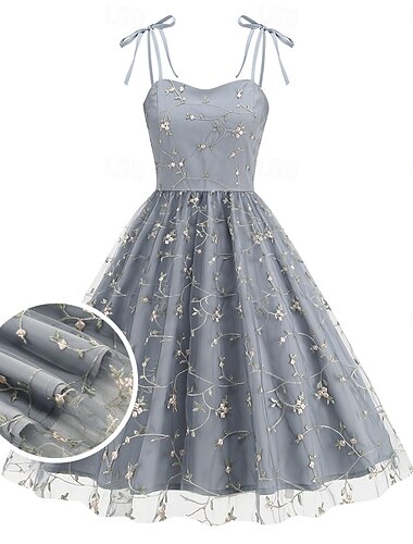 Retro / vintage Femtiotal Cocktail klänning Klänningar Flare Klänning Broderad Rutnät / Pläd Blomma Maskeradkläder Dam Maskerad Fest Möhippa Festival Vuxna Klänning Hemkomstklänningar