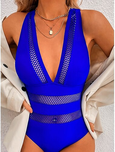  Damen Badeanzug Ein Stück Monokini Bademode Gitter Rückenfrei Bauchkontrolle Hohe Taillenlinie Schlank Urlaub Strandbekleidung Feste Farbe V Ausschnitt Ärmellos Badeanzüge