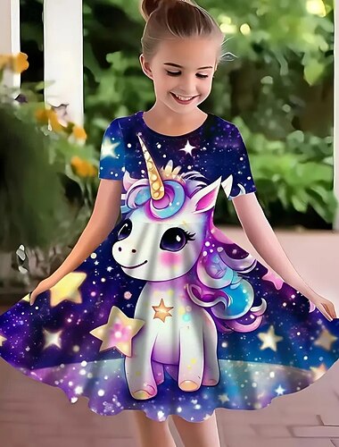  Girls ' 3D Grafika Jednorožec Šaty Krátký rukáv Léto Jaro Dovolená Denní Princeznovské Krásná Sladký Děti 4-12 let Volnočasové šaty Áčkové šaty Délka ke kolenům Běžný