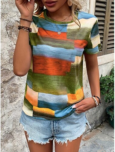  Damen T Shirt Geometrisch Brautkleider schlicht Kurzarm Rundhalsausschnitt Normale Oberteile Täglich Bedruckt Grün Sommer