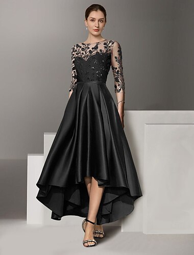  A-Linien-Kleid, elegantes, schlichtes Kleid für die Mutter der Braut, V-Ausschnitt, knöchellang, wadenlang, Satin, 3/4-Ärmel, mit Spitze, gerüschten Pailletten 2025