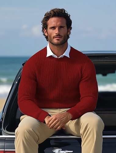  Homme Chandails de Noël Pull Chandail Pull Gauffré Tricoter Style classique Couleur unie Col Ras du Cou Noël Elégant Formel Intérieur Vêtement Tenue Bouffantes Automne Hiver Vin Potiron S M L