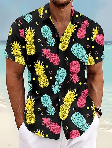  Herre Ananas Hawaii skjorte Aloha skjorte Kortermet Hawaiisk Feriested Feriereise Avslappet Sommer Vår Aftæpning Knepp opp Gul