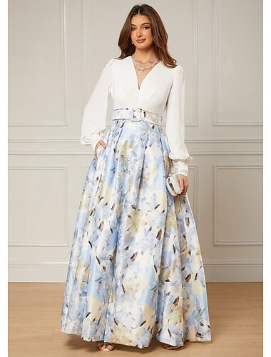  A-Lijn Avond Gown Elegante Jurk Formele Bruiloft Gast Vloer Lengte Lange Mouw V Hals Riem  Sjerp Satijn met Splits Bruiloft Gast Jurk 2025