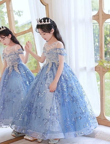  שמלה לנערת הפרחים  ילדים בנות שמלת נסיכה הצגה חתונה מפלגה אלגנטית יפה פאייטים רשת צבע אחיד ללא שרוולים צווארון עגול קצר שמפניה פול 4 שנים +