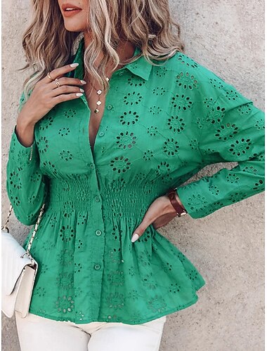  Blusas Elegantes de Encaje para Mujeres Blusa de Ojal Casual Color Sólido Blusas Regulares Manga Larga Cuello de Camisa Botones Ojal Ajuste Regular Uso Diario Verde Romántico Petite Ropa de Verano y