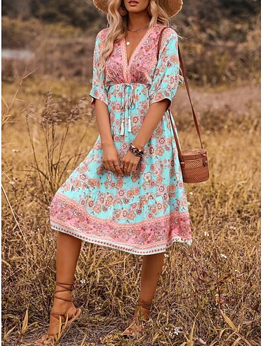  Damen Midikleid Casual kleid A Linie Kleid Boho-Kleid Boho Hochzeitsgastkleid Ethnisch Brautkleider schlicht Urlaub Täglich Regular Fit Blumen 3/4 Ärmel V Ausschnitt Schwarz Marineblau Leicht Blau