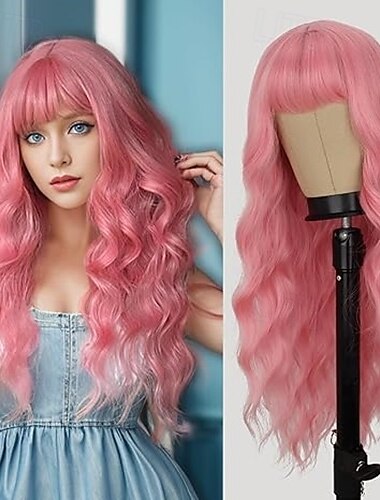  Wig with Bangs Long Wavy Wigs with Dark Root Natural Looking Synthetic Heat Resistant Hair Wigs for Women Daily Party Holiday Use