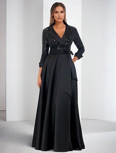  Mujer Vestido de esmoquin Corte A Fiesta Boda Formal Satén Brillante Elegante Bloque de Color Manga 3/4 Hasta el Suelo Solapas con muescas