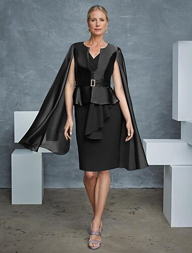  Zwei-teilige Sheath/Spalte Kleid Sets Brautmutter Kleid Elegant Vintage Wickel Inklusive V-Ausschnitt Knielang Chiffon Satin Langer Ärmel mit Band/Riemen Derby Kleid Renntag Kleid 2025