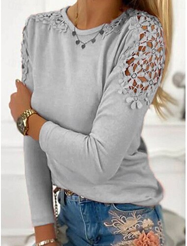  Dames Overhemd Blouse Effen Kleur Basic Casual Lange mouw Strakke ronde hals Normale tops Dagelijks Kant Lapwerk Blozend Roze Paars Grijs Herfst Winter