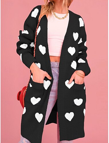  Damen Pullover Strickjacke Elegant Modisch Strassenmode Herz Öffnung vorne Tasche Strick Langarm Normale Oberteile Stricken Outdoor Täglich Wochenende Schwarz Rosa Herbst Winter
