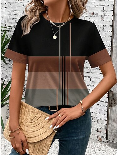 Dames T-shirt Gestreept Casual Korte mouw Ronde hals Normale tops Dagelijks Afdrukken Zwart Zomer