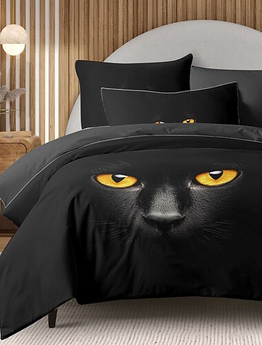  Juego de funda nórdica con estampado 3D de gato negro, ropa de cama elegante y extravagante con diseño de gato, microfibra suave y duradera, incluye funda nórdica y fundas de almohada, perfecta para los amantes de los gatos