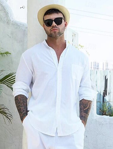  Herren leinenhemd 2 Stück Hemden-Set Sommerhemd Passende Sets Strandhemd Glatt Urlaub Casual Schwarz Weiß Blau Khaki Langarm Stehkragen Frühling Sommer Bekleidung