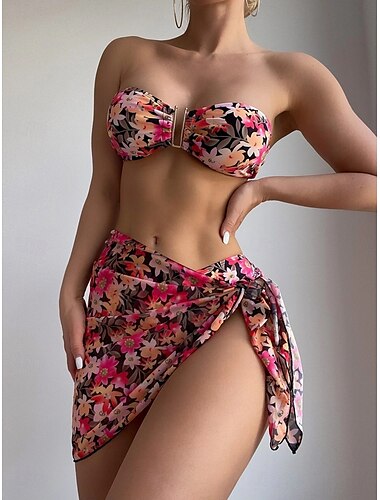  Femme Maillots de Bain Bikinis Trois pièces Jupe Maillot de bain Dos Nu Mince Vacances Tenues de plage Floral Sans Bretelles Sans Manches Maillots de bain
