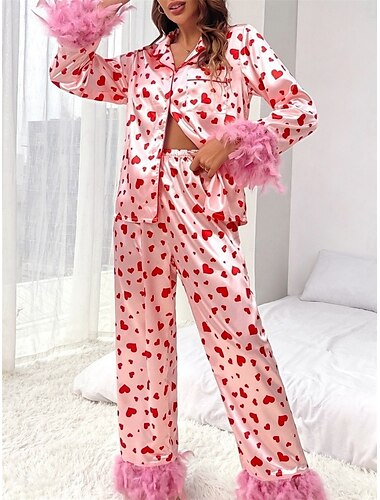  Damen Schlafanzug Set Brautkleider schlicht Komfort Herz Elastische Taille Hemd Hose Heim Valentinstag Täglich Langarm Hemdkragen Rosa Sommer Frühling Herbst Lockere Passform