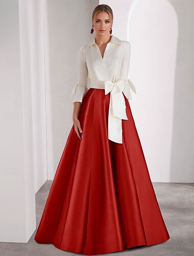  Vestido de noche elegante de corte A, vestido formal para el día de San Valentín, largo hasta el suelo, manga 3/4, cuello camisero, satén con lazo(s), abertura 2025
