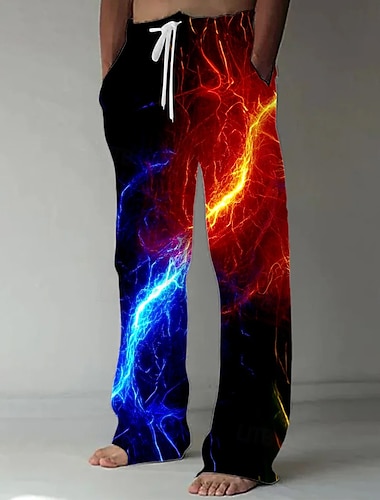  Herre 3D Print Lyn Uformelle bukser Bukser Medium Midje Elastisk midje med snøring Vintage retro utendørs Feriereise Ferie Bukser med rett ben Sommer Vår Høst 3D-utskrift Svart