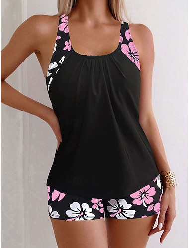  Femme Maillots de Bain Tankini 2 pièces Jambe de garçon Maillot de bain Dos Nu Taille haute Vacances Tenues de plage Floral Col en U Sans Manches Maillots de bain