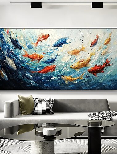  pictură originală cu pește colorat pictură în ulei pe pânză, textură abstractă, pictură școală de pești, artă de perete pentru decor interior cu cadru întins/fără cadru interior
