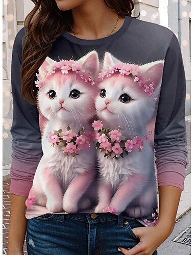  T-Shirt Drôle Valentin Femme Décontracté Floral Chat Tops Normaux Manches Longues Col Rond Impression Ajustement Régulier Quotidien Rose Printemps Automne
