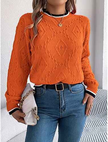  Damen Pullover Brautkleider schlicht Weich Einfarbig Gedrehtes Rundhalsausschnitt Strick Langarm Normale Oberteile Stricken Outdoor Täglich Wochenende Fuchsie Orange Herbst Winter