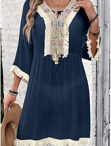  Mulheres Normal Vestido midi Linho de algodão sintético Vestido de turno Vestidos Para o Verão Elegante Vintage Diário Praia Normal Gráfico Manga 3/4 Decote V Branco Azul Marinha Damasco Verão