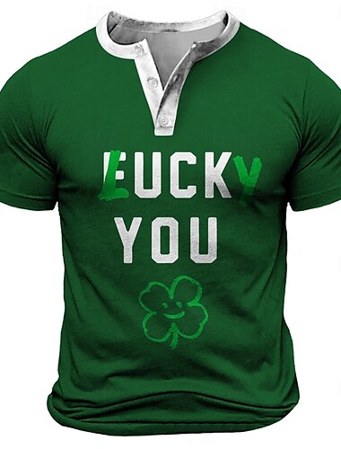  Herren St. Patrick Lustig "LUCKY YOU" T Shirt Henley Shirt Kurzarm Designer Retro Vintage Strasse Casual Täglich Sommer Frühling Schwarz Grau Grün Henley Henley T-Shirt