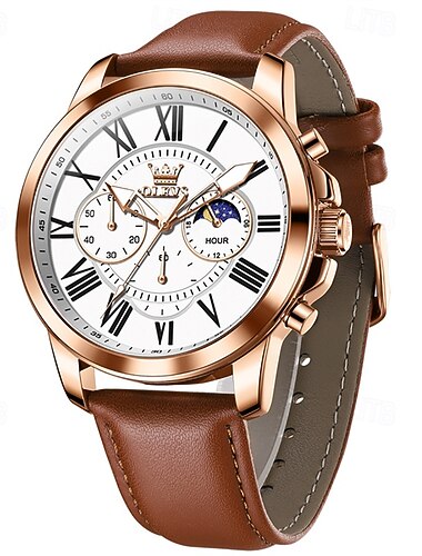  Reloj de negocios para hombre de Olevs, pequeño reloj de cuarzo multifuncional con pantalla de fase lunar de tres pines que brilla en la oscuridad, reloj informal simple a la moda para hombre a prueba de agua