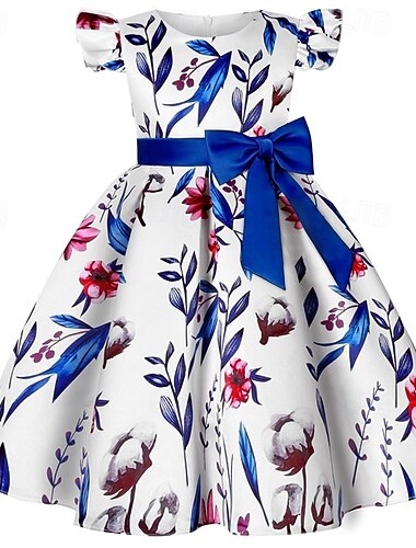 Kinderen Voor meisjes Feestjurk Bloem Mouwloos Prestatie Verjaardag Ruche Tie Knoop Mooi Zoet Katoen Tot de knie Feestjurk Swingjurk A lijn jurk Zomer 4 jaar + Blozend Roze Rood Marine Blauw