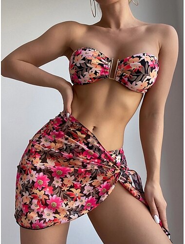  Damen Badeanzug Bikinis Drei Stück Rock Bademode Rückenfrei Schlank Urlaub Strandbekleidung Blumen Trägerlos Ärmellos Badeanzüge