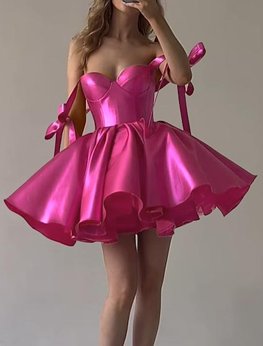  Robe de mariée plage A-Line robes de retour à la maison corsets robe de fête courte  mini sans manches bretelles spaghetti robe rose en satin avec nœud(s) 2025