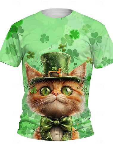  Pyhän Patrickin päivä Kissa Shamrock irlantilainen T-paita Onnekas apila Kuvitettu Käyttötarkoitus Pariskuntien Miesten Naisten Aikuisten Pyhän Patrickin päivä 3D-tulostus Juhla Rento / arki