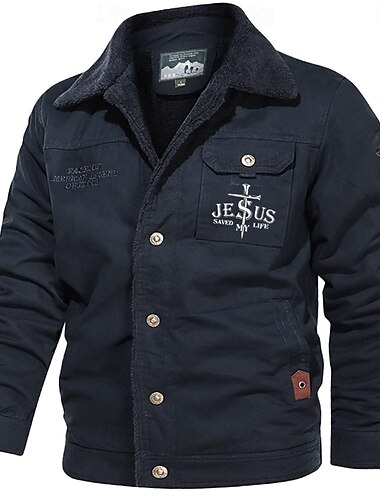  Herren Kreuz Jesus Bomberjacke Sherpa-Jacke Wasserdicht Regendicht Vintage Brautkleider schlicht Täglich Festtage Ausgehen Tasche Herbst Winter Umlegekragen Langarm Kaki Armeegrün Dunkelblau